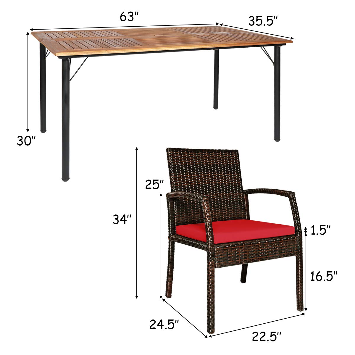 Tangkula 7 Pieces Patio Dining Set, Acacia Wood Wicker Dining Furniture Set with Sturdy Steel Frame & Umbrella Hole