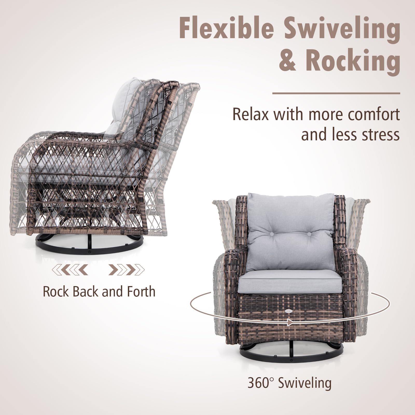 Tangkula 3 Pieces Outdoor Swivel Rocker Set, Rattan Wicker Patio Rocking Cushioned Chairs Set of 2 with Small Side Table