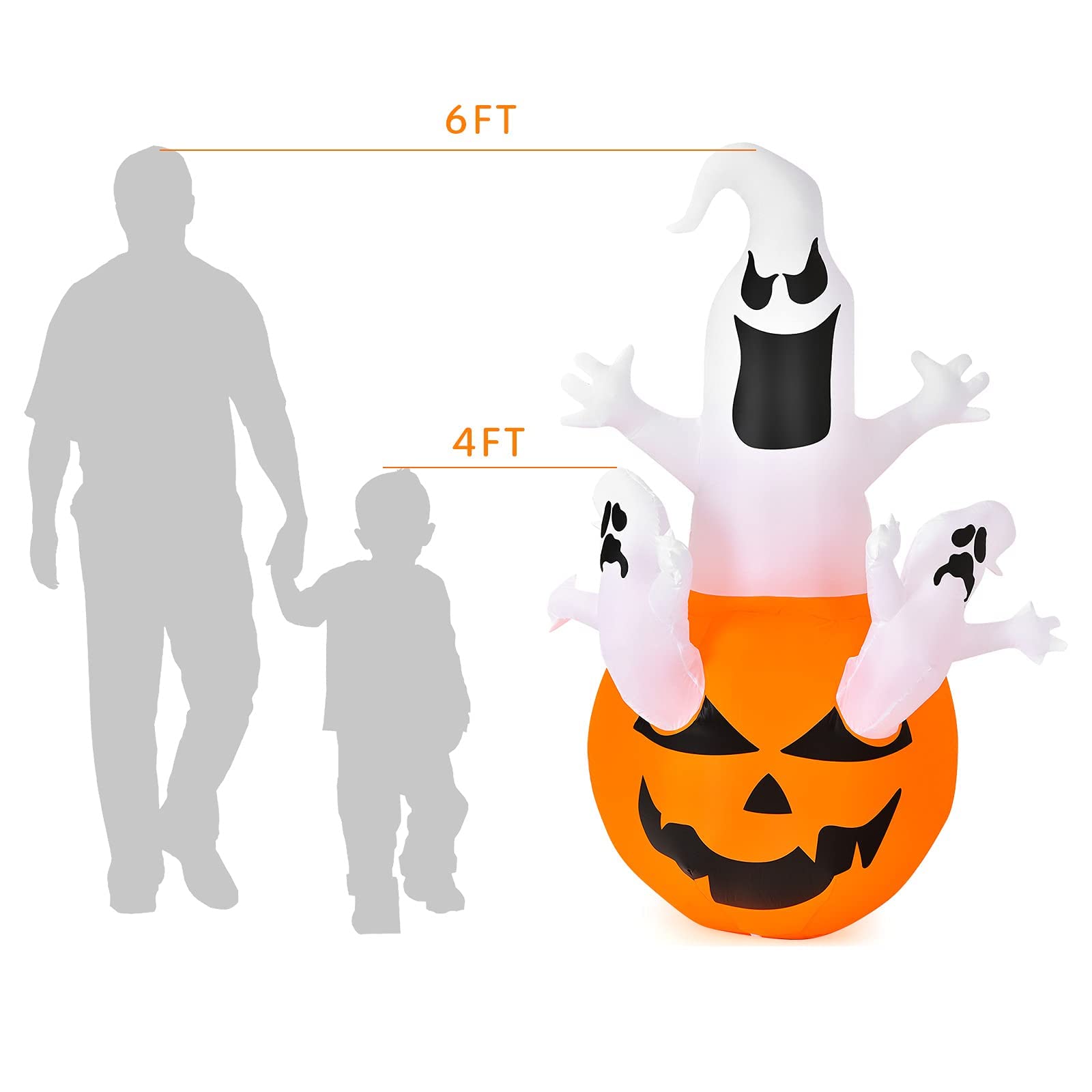 Tangkula 6ft Halloween Inflatables Ghost, Pumpkin-Halloween Blow Up Yard Decorations w/Build-in LED Light