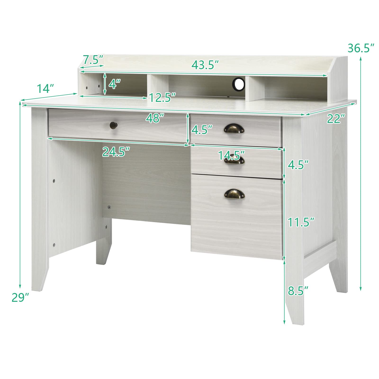 Tangkula White Computer Desk with 4 Storage Drawers & Hutch