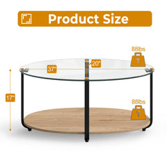 Tangkula Glass Coffee Table, 2 Tier Oval Tea Table with Tempered Glass Tabletop and Wooden Shelf