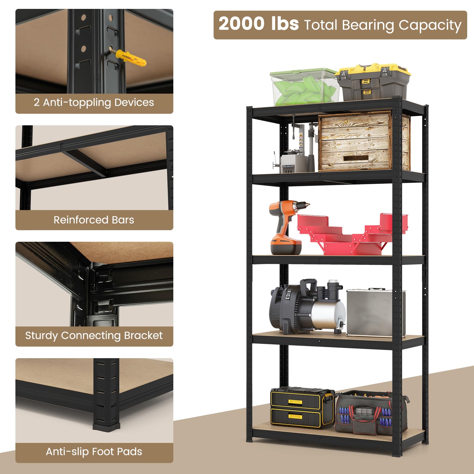 Tangkula 5-Tier Heavy Duty Metal Shelving with 2000 LBS Load, Adjustable Garage Storage Utility Shel