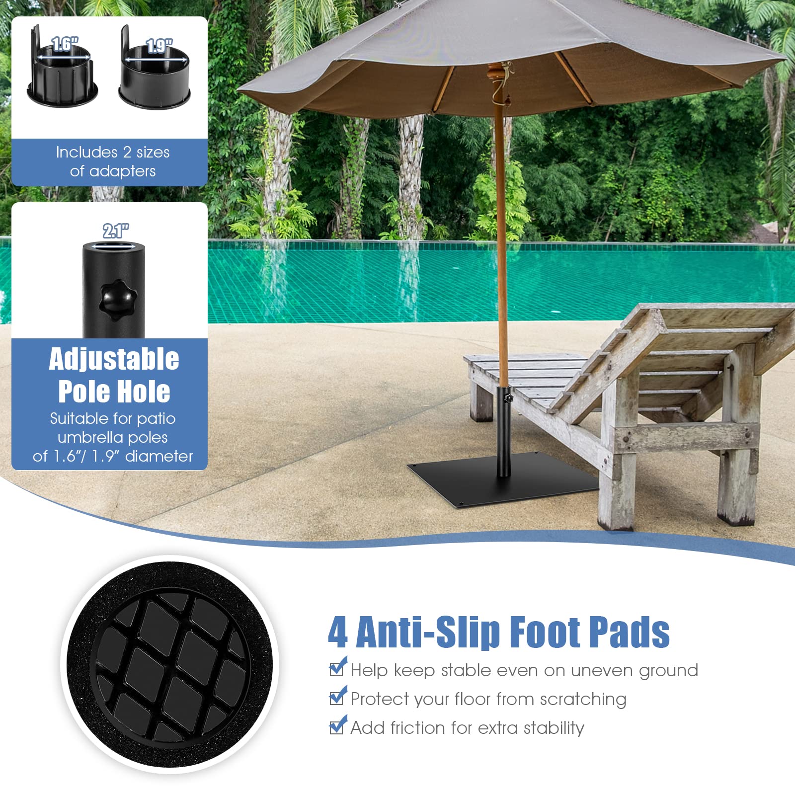 42 LBS Patio Umbrella Base, 25 Inches Heavy Duty, 1.6"-1.9" Adapters (Black)