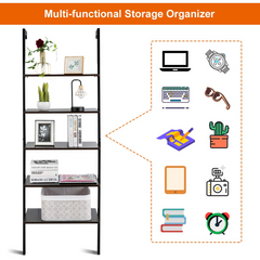 Tangkula Industrial Ladder Shelf Against The Wall, 5-Tier Wall Mount Ladder Bookshelf with Metal Frame