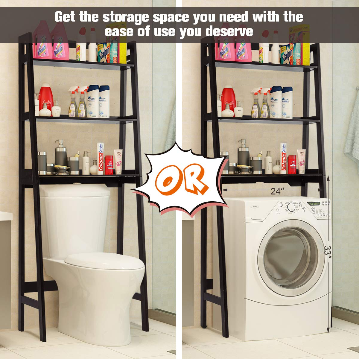 Tangkula Bathroom Space Saver, Over The Toilet Storage Rack, Free Standing 3-Shelf Bathroom Organizer