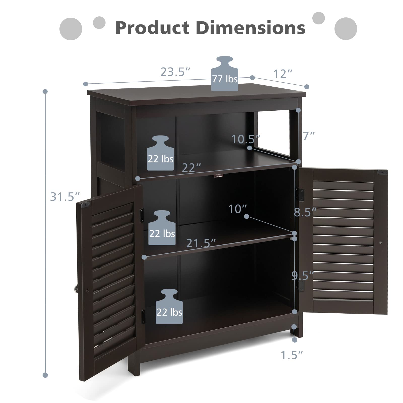 Tangkula Bathroom Floor Cabinet, Wooden Freestanding Storage Cabinet with Double Shutter Door & Adjustable Shelf