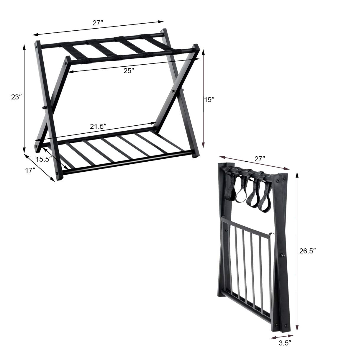 Tangkula Luggage Rack , Folding Metal Suitcase Luggage Stand, Double Tiers Luggage Holder with Shoe Shelf