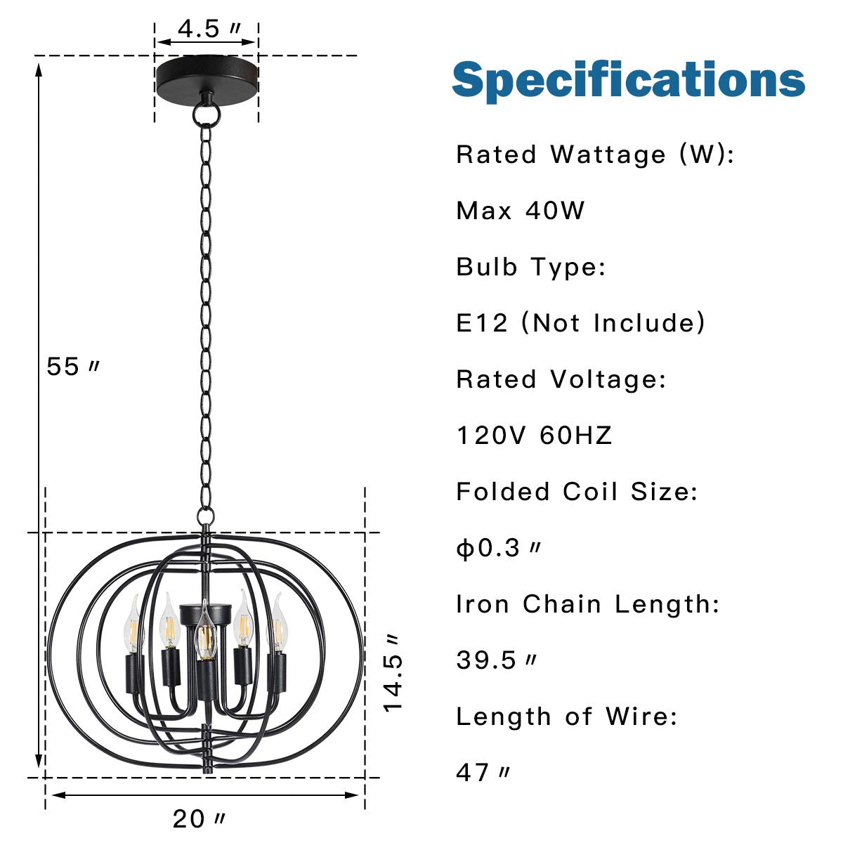 Tangkula Folding Rotatable Chandelier, 5 Lights Metal Ceiling Lamp with 39.5' Iron Chain (Black)