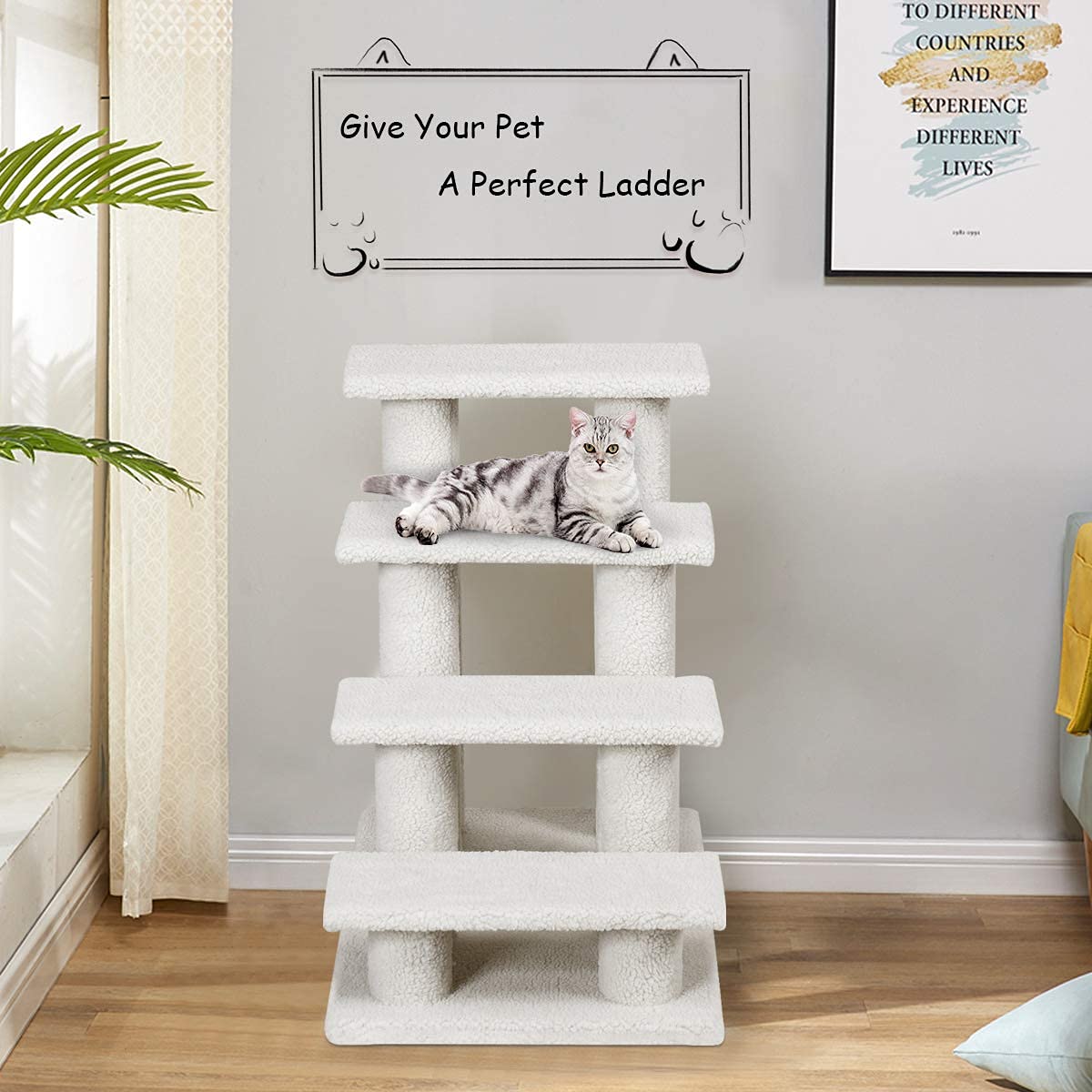 Tangkula Pet Stairs for Cats and Dogs, 4-Step Carpeted Ladder Ramp Cat Climber Cat Scratching Post