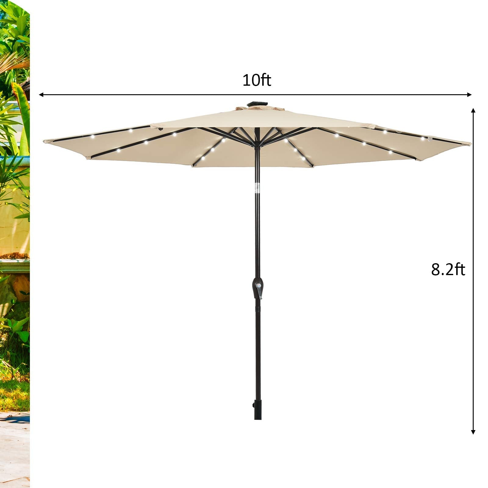 10FT Solar Powered 24 LED Lighted Patio Umbrella, Table Market Umbrella with Tilt Adjustment and Crank Handle