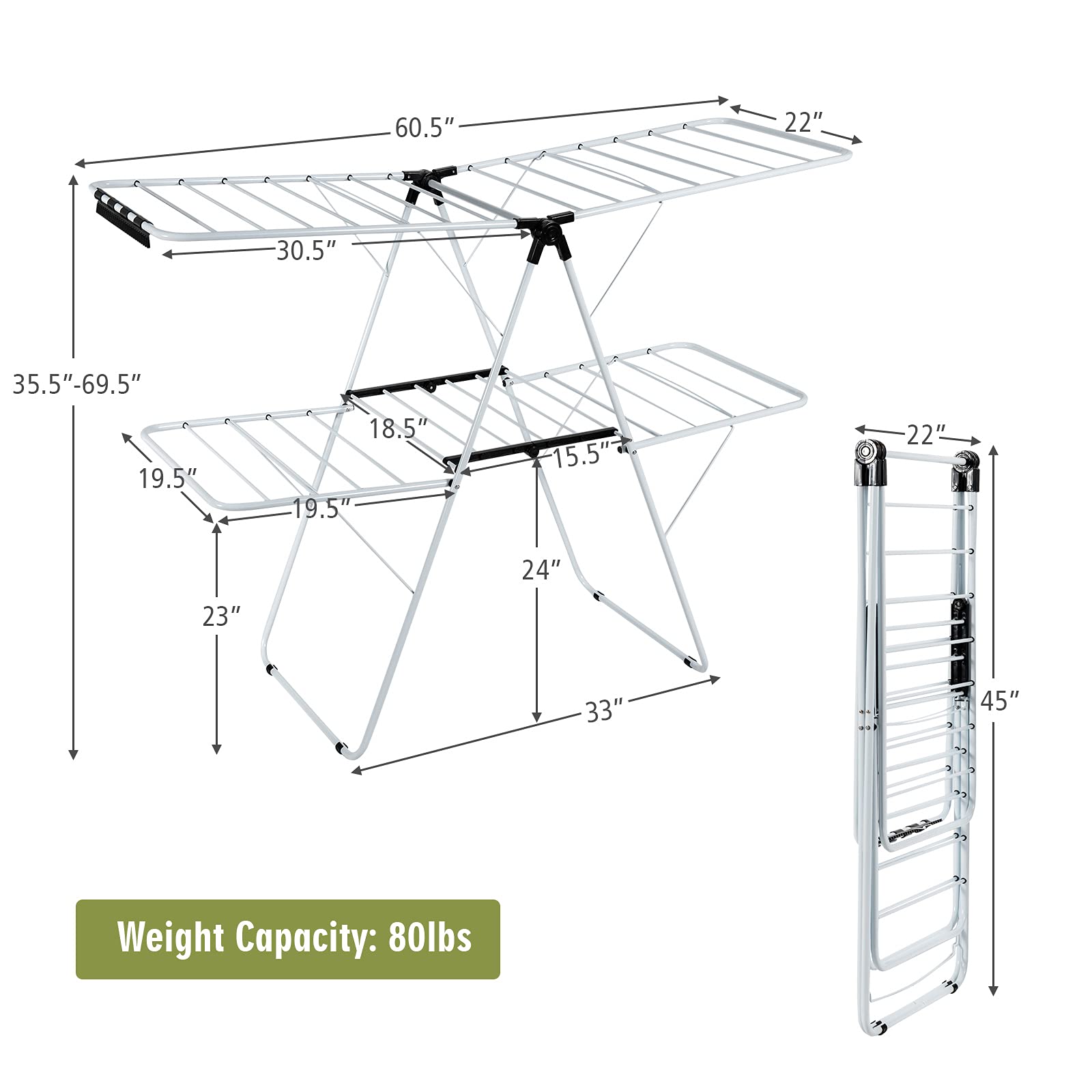 Tangkula 2-Level Clothes Drying Rack, Foldable Drying Hanger w/ Height-Adjustable Gullwing, Steel Frame