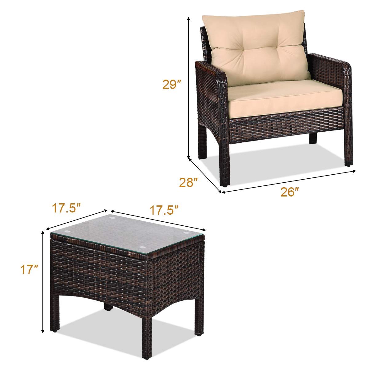 Tangkula 3 Piece Outdoor Patio Furniture Set, Wicker Chairs Set with Glass Top Coffee Table