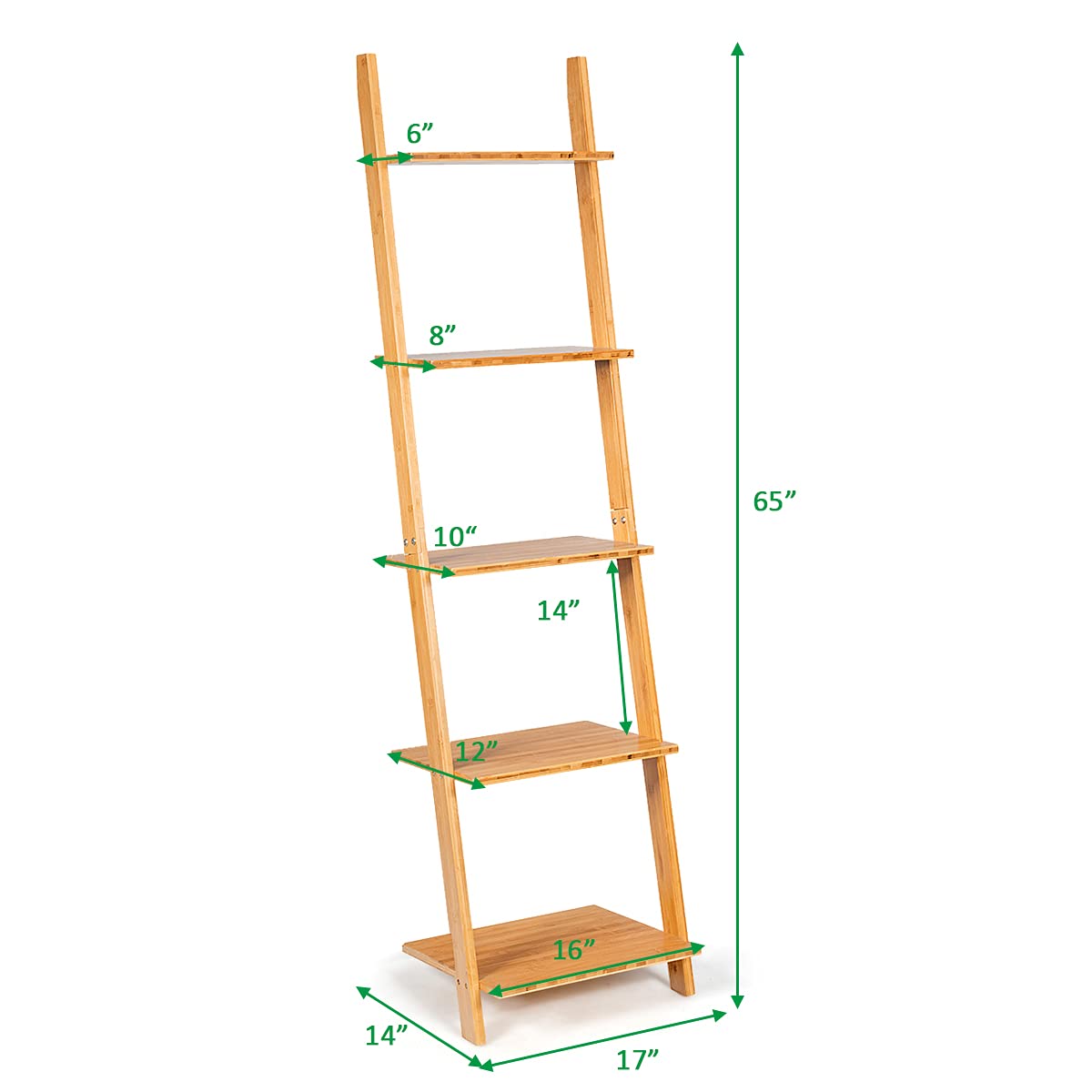 Tangkula Bamboo 5-Tier Ladder Shelf Bookshelf, Wall-Leaning Bookshelf