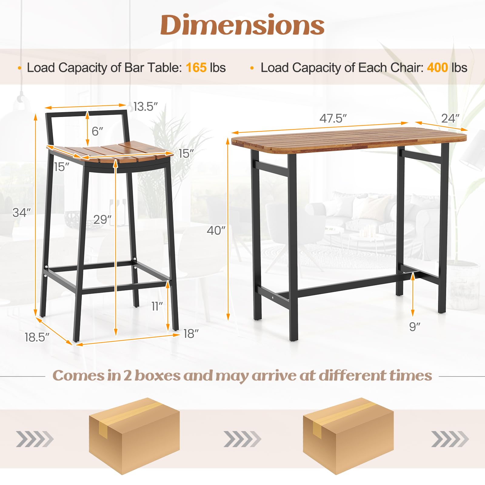 Tangkula 5 Piece Acacia Wood Bar Table Set, Outdoor Bar Height Table & Chairs with Metal Frame & Footrest