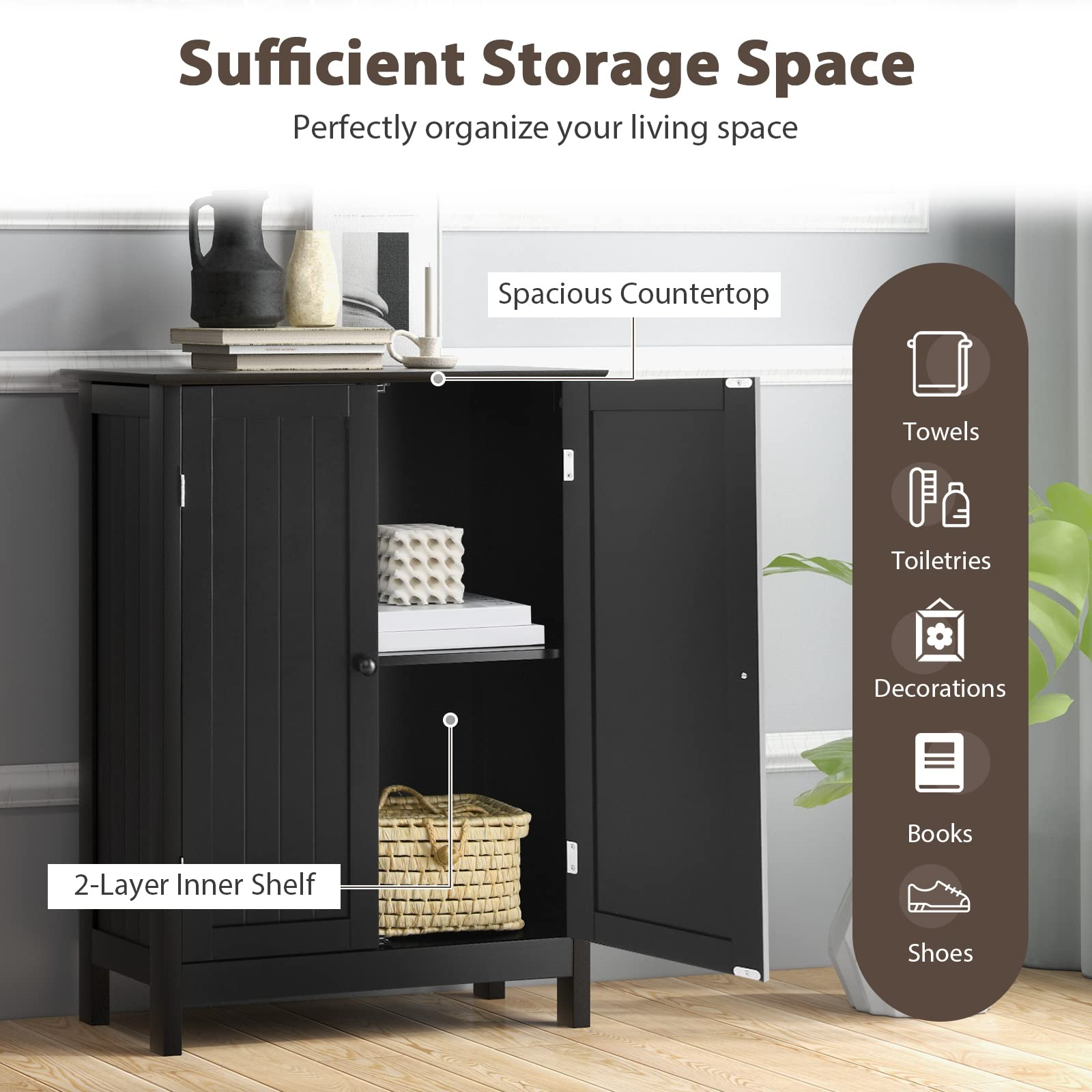 Tangkula Bathroom Floor Cabinet, Wooden Floor Storage Cabinet with Double Doors