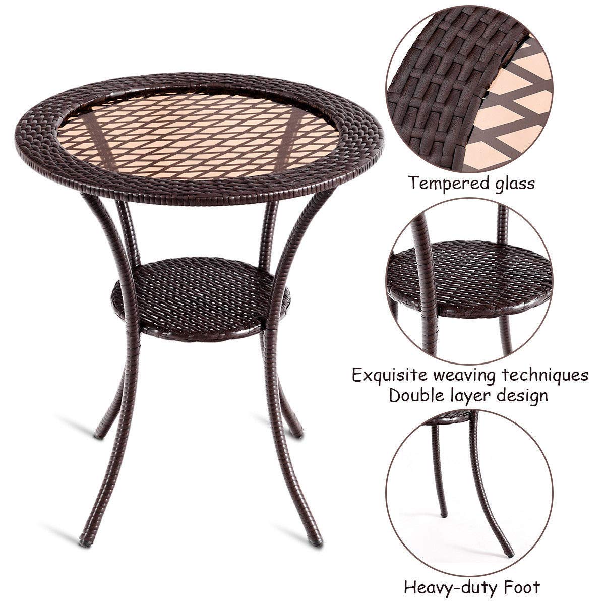 25" Patio Wicker Coffee Table Outdoor Backyard Lawn Balcony Pool Round Tempered Glass Top Wicker Rattan Steel Frame Table Furniture