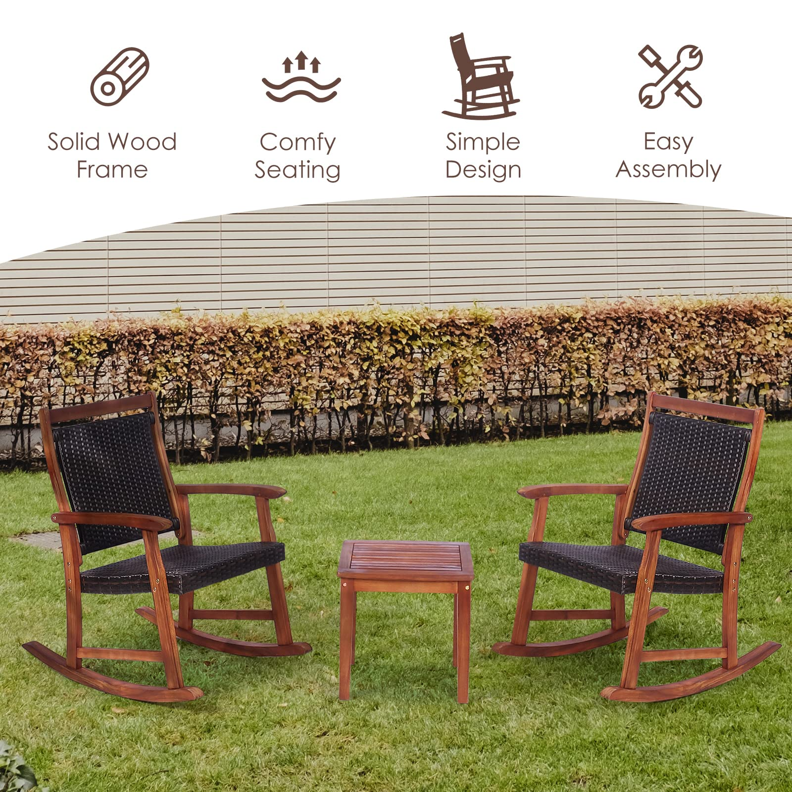 Tangkula 3 Pieces Patio Rocking Chair Set, Patiojoy Acacia Wood Rocker with Side Table, Outdoor Rocking Chairs with Wicker Rattan Seat & Backrest