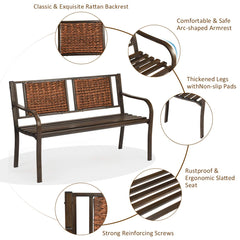 Patio Garden Bench with Wicker Backrest