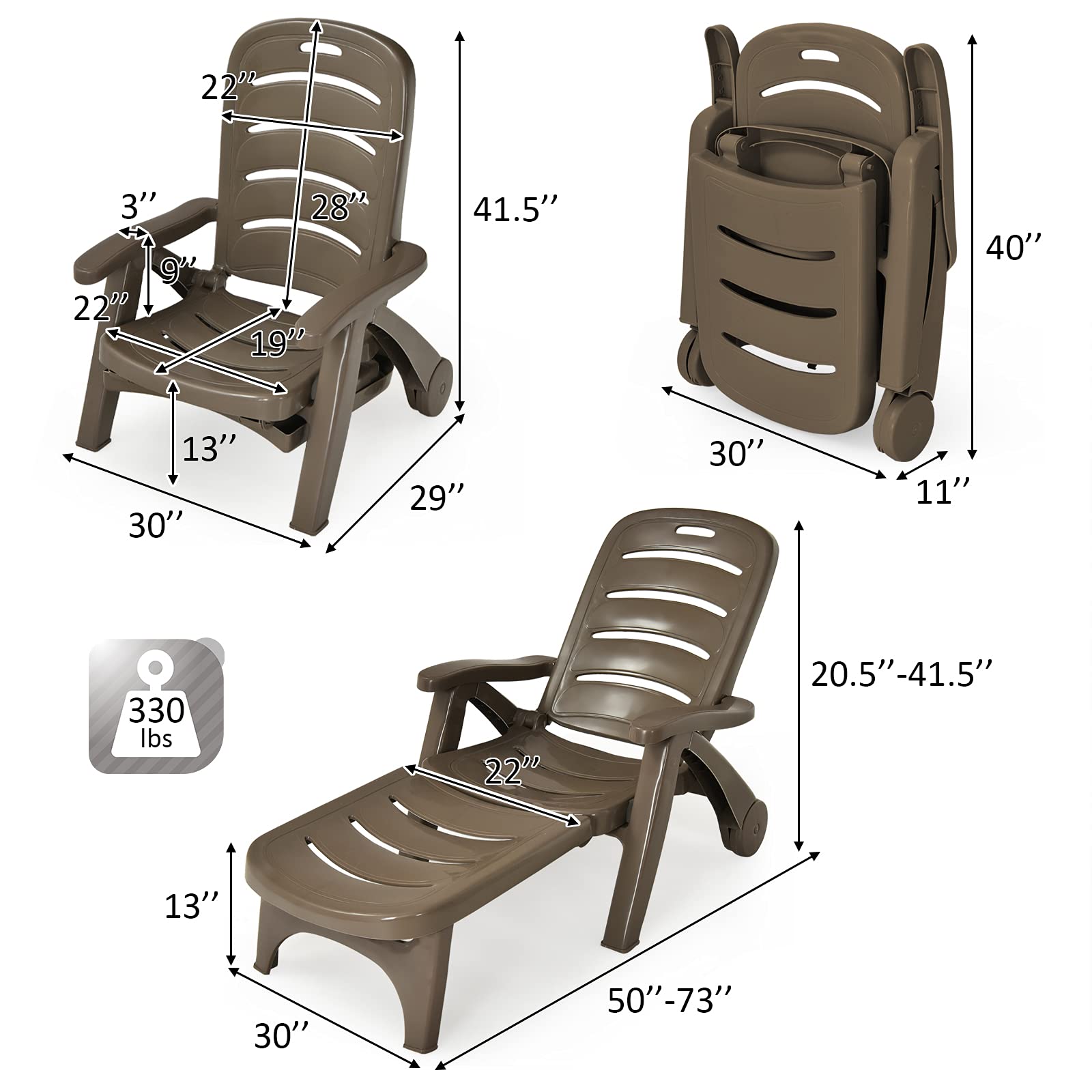 Outdoor Chaise Lounge Chair, Adjustable 5-Posistion Recliner Chair with Built-in Wheels