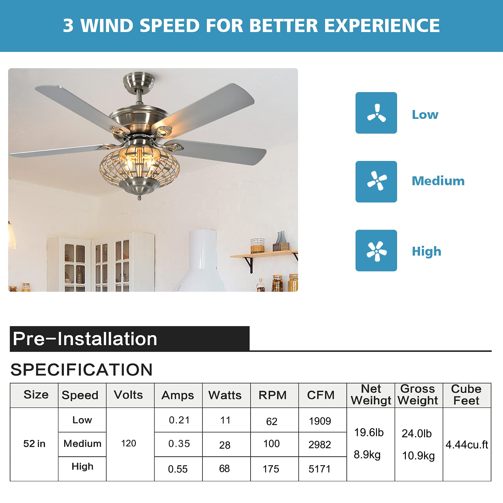 Tangkula 52" Ceiling Fan Lamp, Ceiling Fan with Light and Remote Control, Reversible Fan Blades, 3 Adjustable Wind Speeds