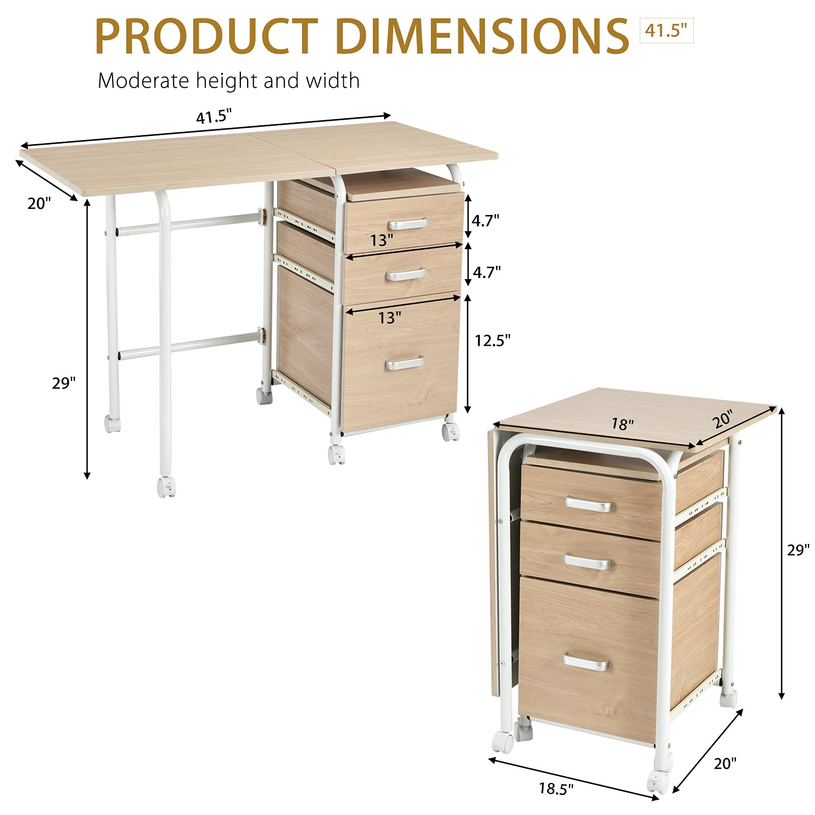 Tangkula Folding Computer Desk with 3 Storage Drawers, Mobile Home Office Desk Study Writing Desk