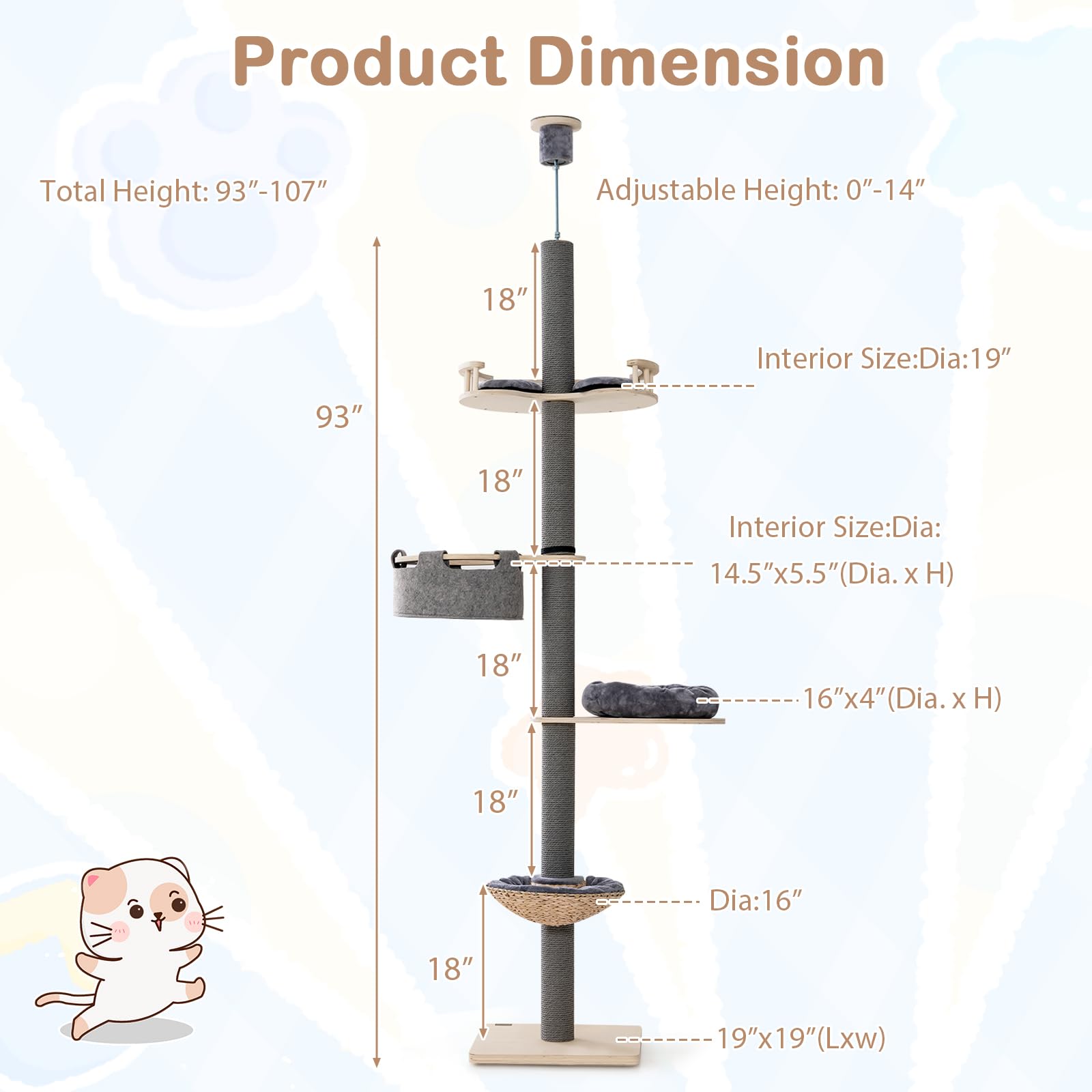 Tangkula Floor to Ceiling Cat Tree, Tall Cat Tower with Adjustable Height (93-107 Inch) for Large Cats