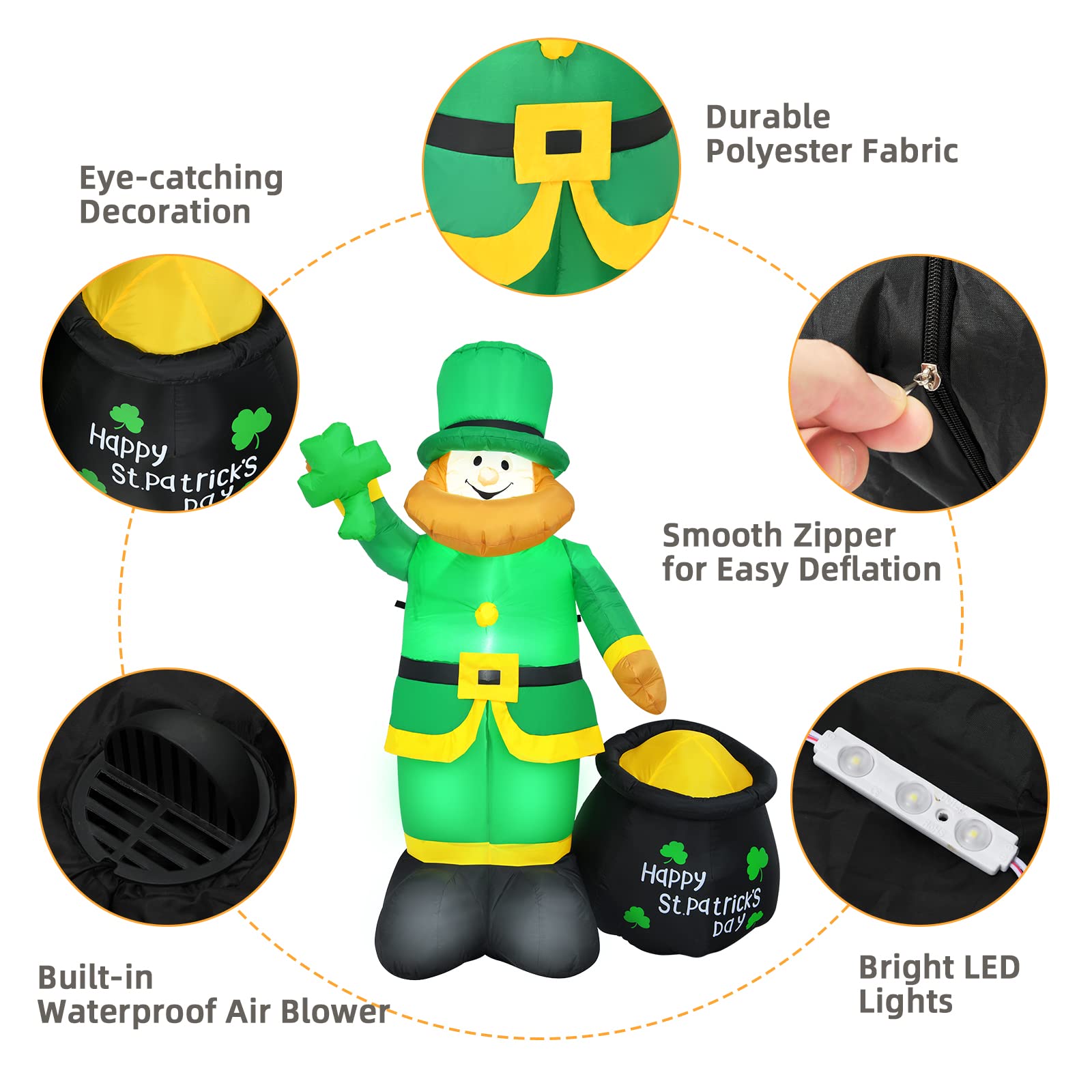 Tangkula St Patrick's Day Inflatable Leprechaun, Blow up Lighted Giant Doll Holding Shamrock and Pot of Gold