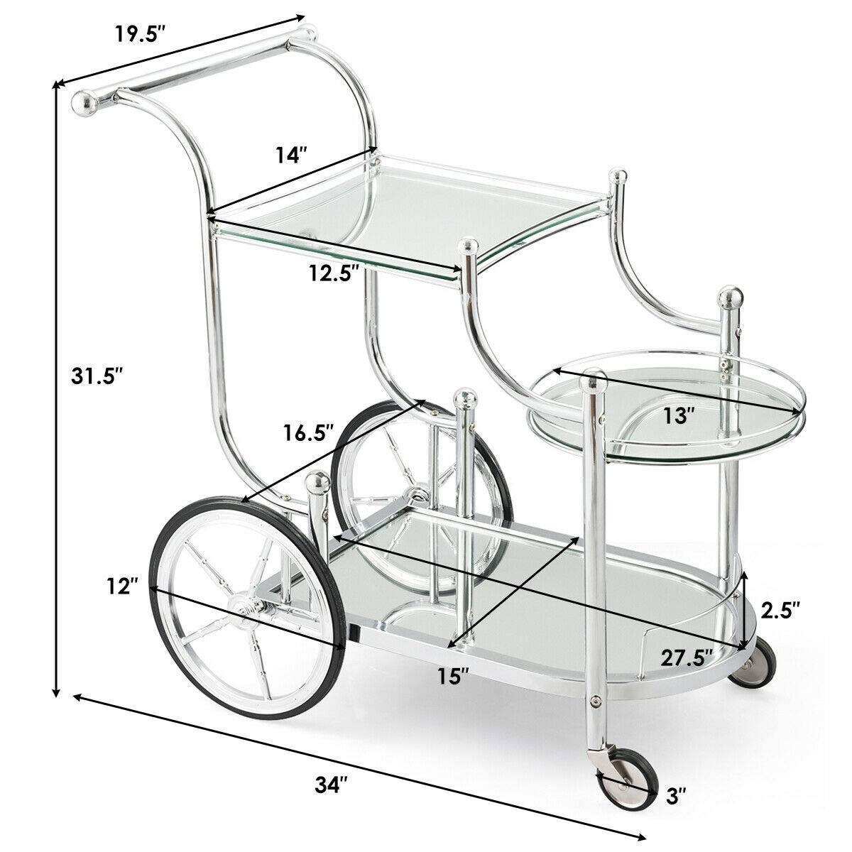 Tangkula Rolling Bar Cart, Metal Serving Cart with Tempered Glass, 3-Tier Glass Bar and Serving Cart