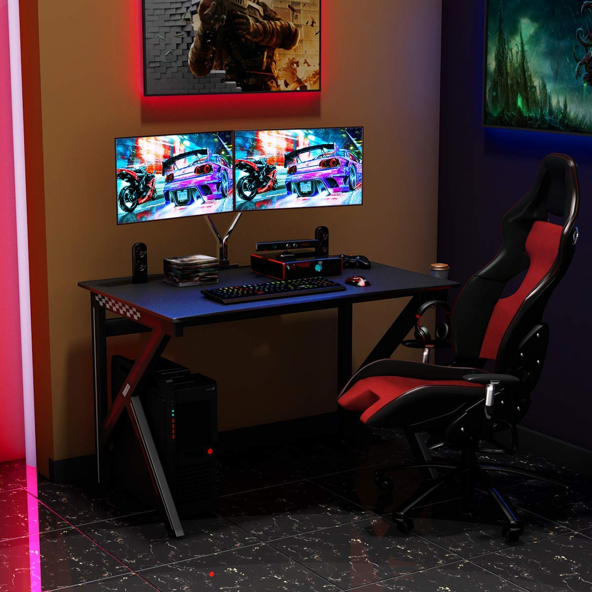 Tangkula Computer Desk Gaming Desk, E-Sports Gaming Workstation with Cup Holder & Headphone Holder