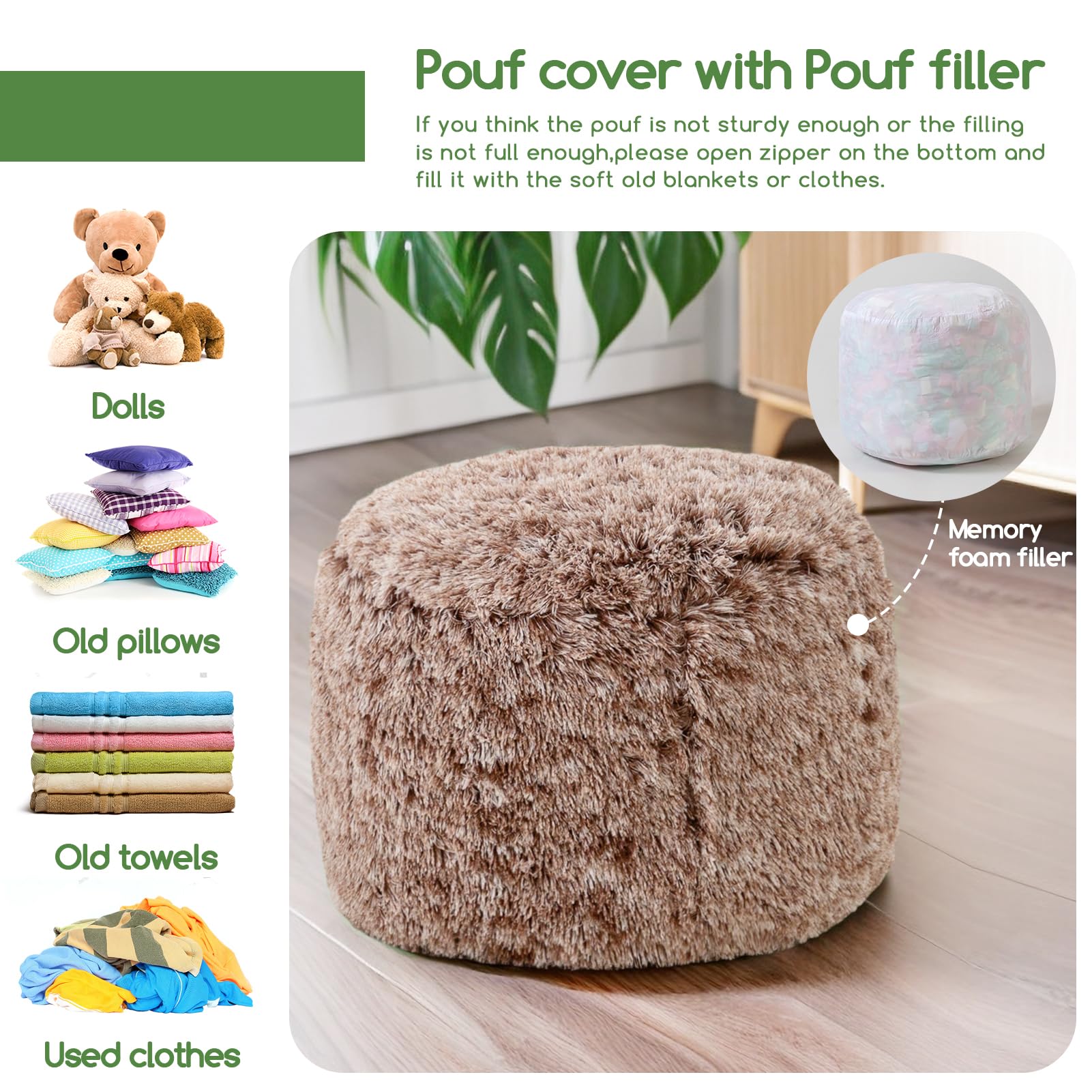 MAXYOYO Round Stuffed Pouf Ottoman, Long Faux Fur Poufs with Foam Chunk Filling, Snow Coffee