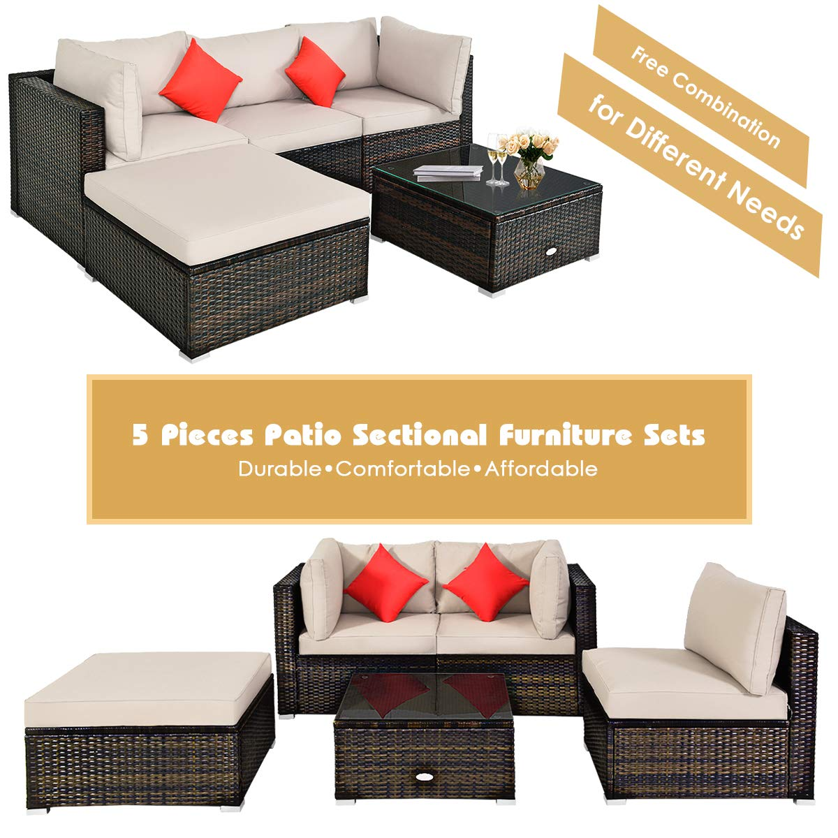 Tangkula 5 PCS Patio Rattan Furniture Set, Outdoor Sectional Rattan Sofa Set with Back & Seat Cushions