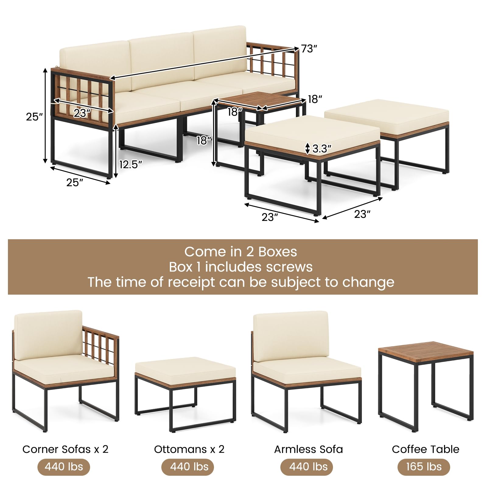 Tangkula 6 Pieces Acacia Wood Patio Furniture Set, Patiojoy Outdoor Sectional Conversation Sofa Set with Cushions