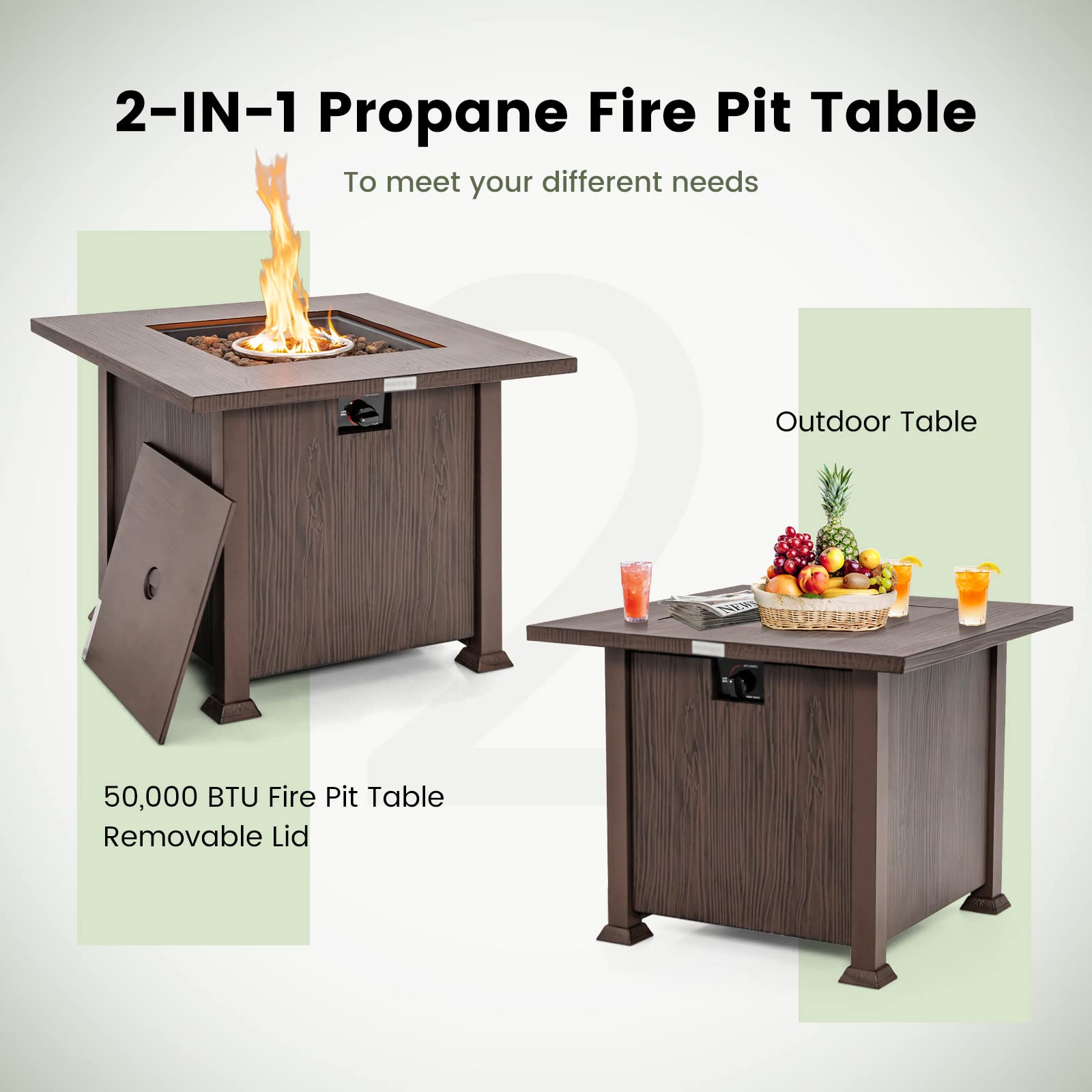 Tangkula 32 Inches Propane Fire Pit, Patiojoy 50,000 BTU Gas Fire Pit Table with Lid