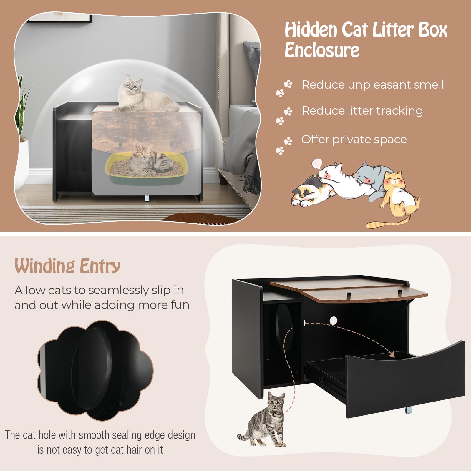 Tangkula Litter Box Enclosure, Hidden Cat Washroom with Pull-Out Drawer, Rolling Caster, Flip Door (Black+Rustic Brown)