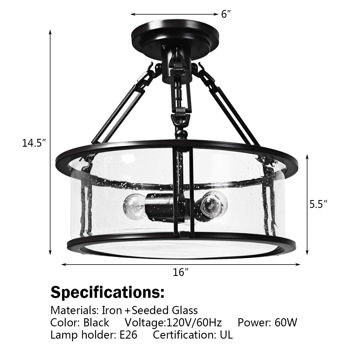 Tangkula Semi Flush Mount Ceiling Light, 3-Light Close to Ceiling Light with Bubble Glass Lampshade