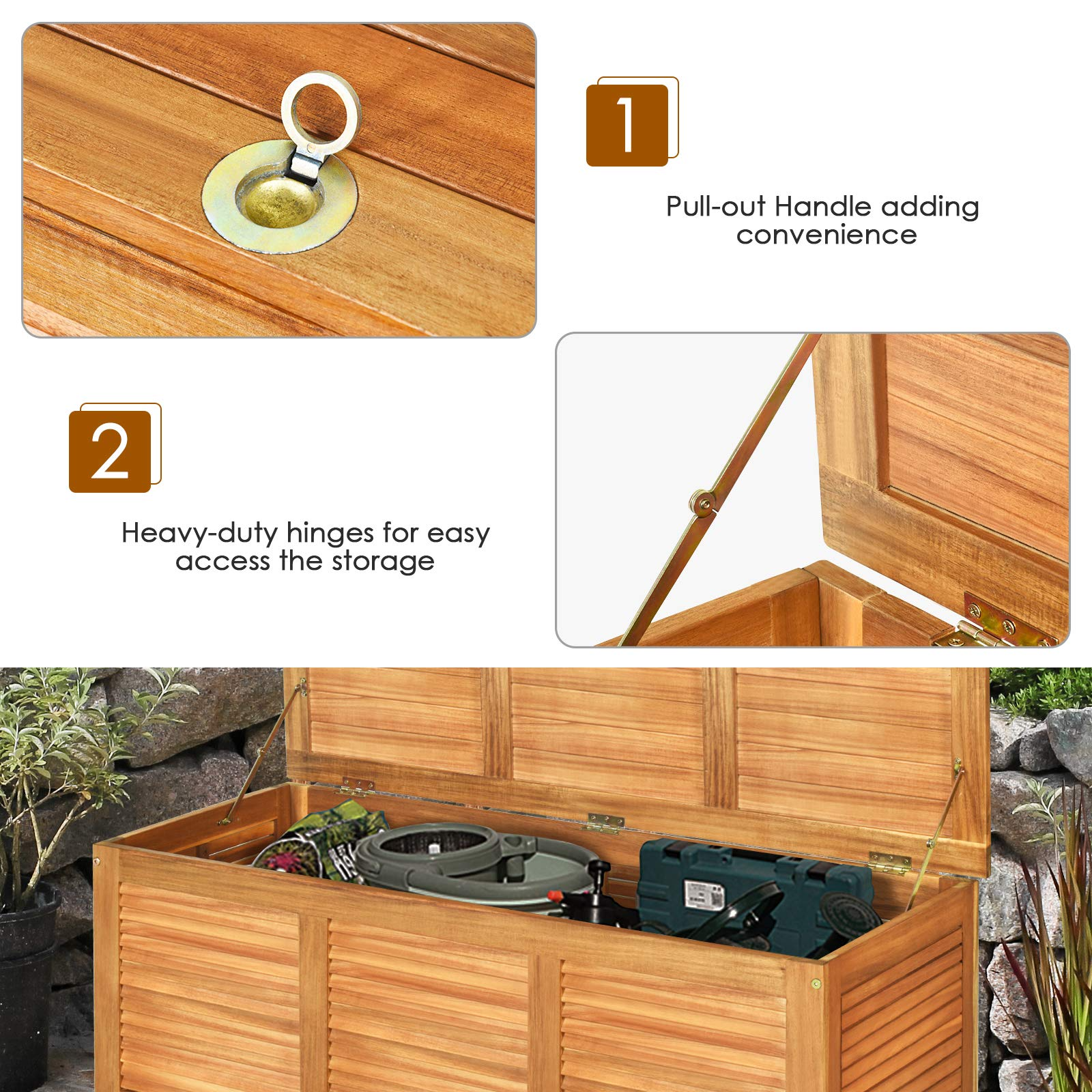 Tangkula 47 Gallon Acacia Wood Deck Box, Garden Backyard Storage Bench(Natural)