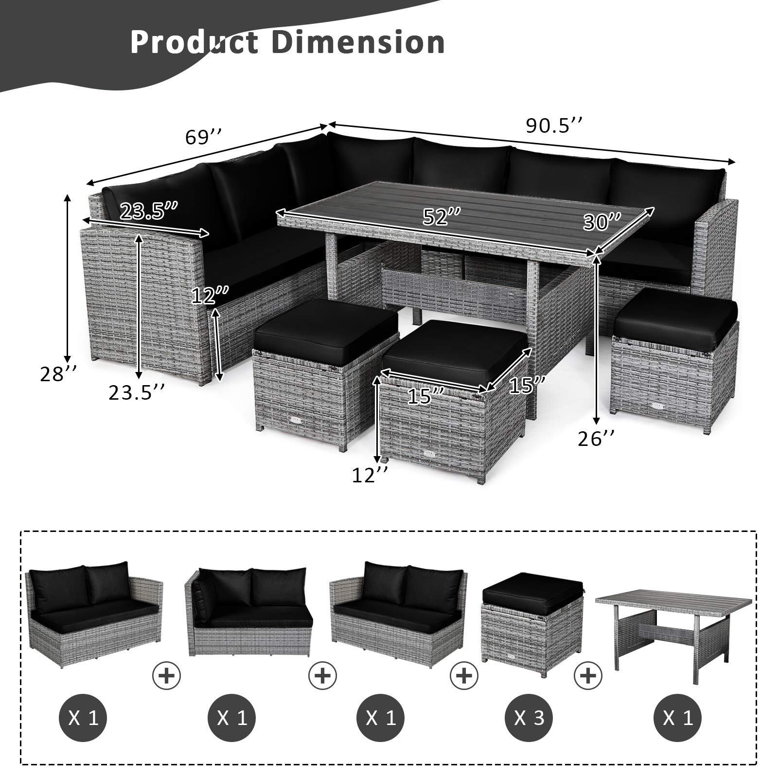 7 Pieces Patio Furniture Set, Outdoor Sectional Rattan Sofa Set with Cushions