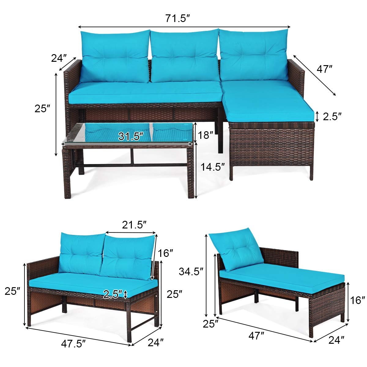 Tangkula Patio Corner Sofa Set 3 Piece, Outdoor Rattan Sofa Set