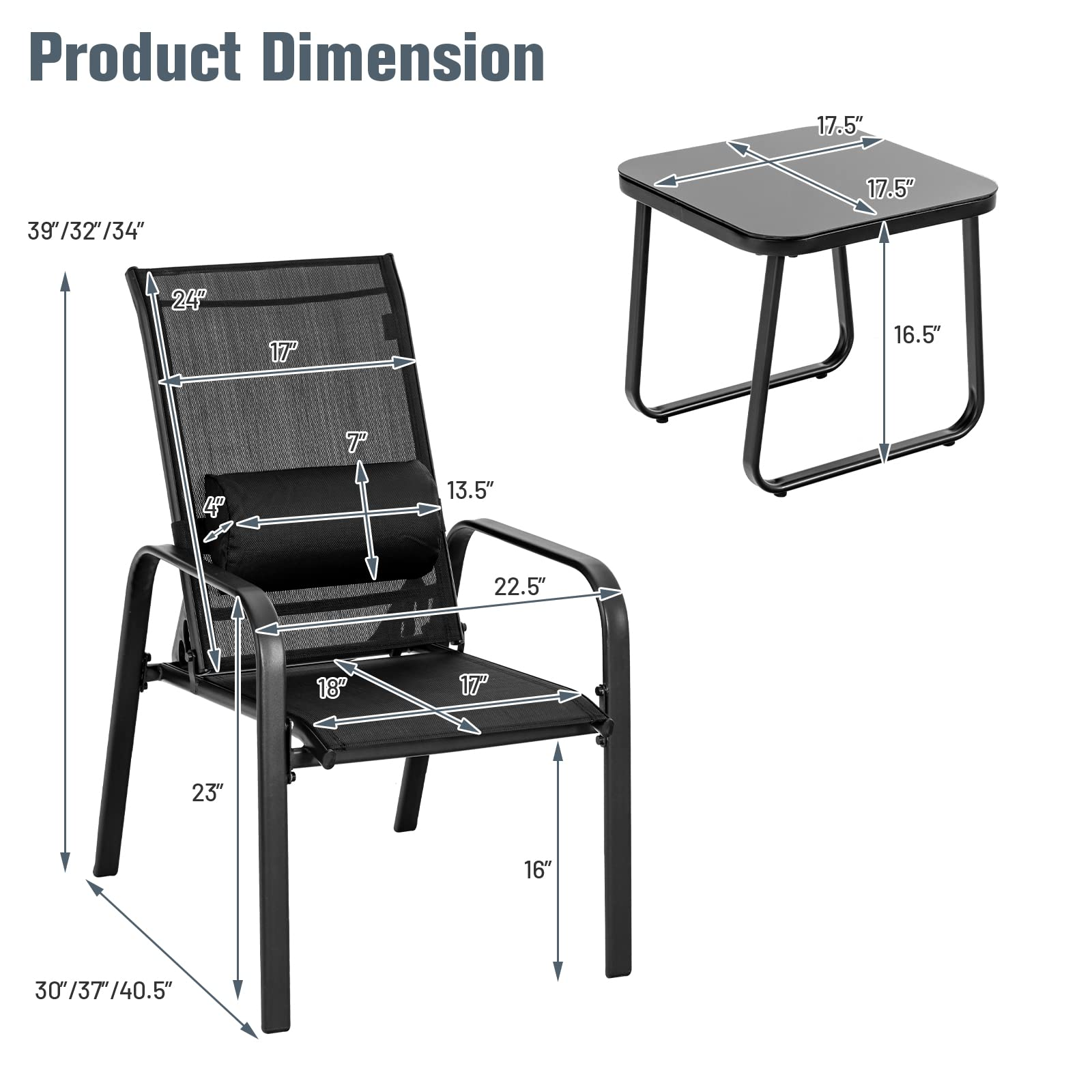 3 Piece Outdoor Bistro Set, Patio Stackable Chairs with Adjustable & Folding Backrest