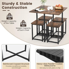 Tangkula Compact 5-Piece Dining Table Set for 4, Small Kitchen Table Set with Square Stools and Metal Frame