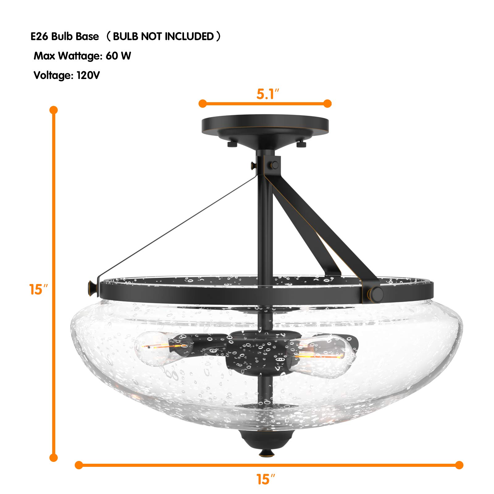 Tangkula Glass Ceiling Light Fixture, Seeded Glass Shade, Semi Flush Mount Ceiling Light w/ Bubble Glass Lampshade