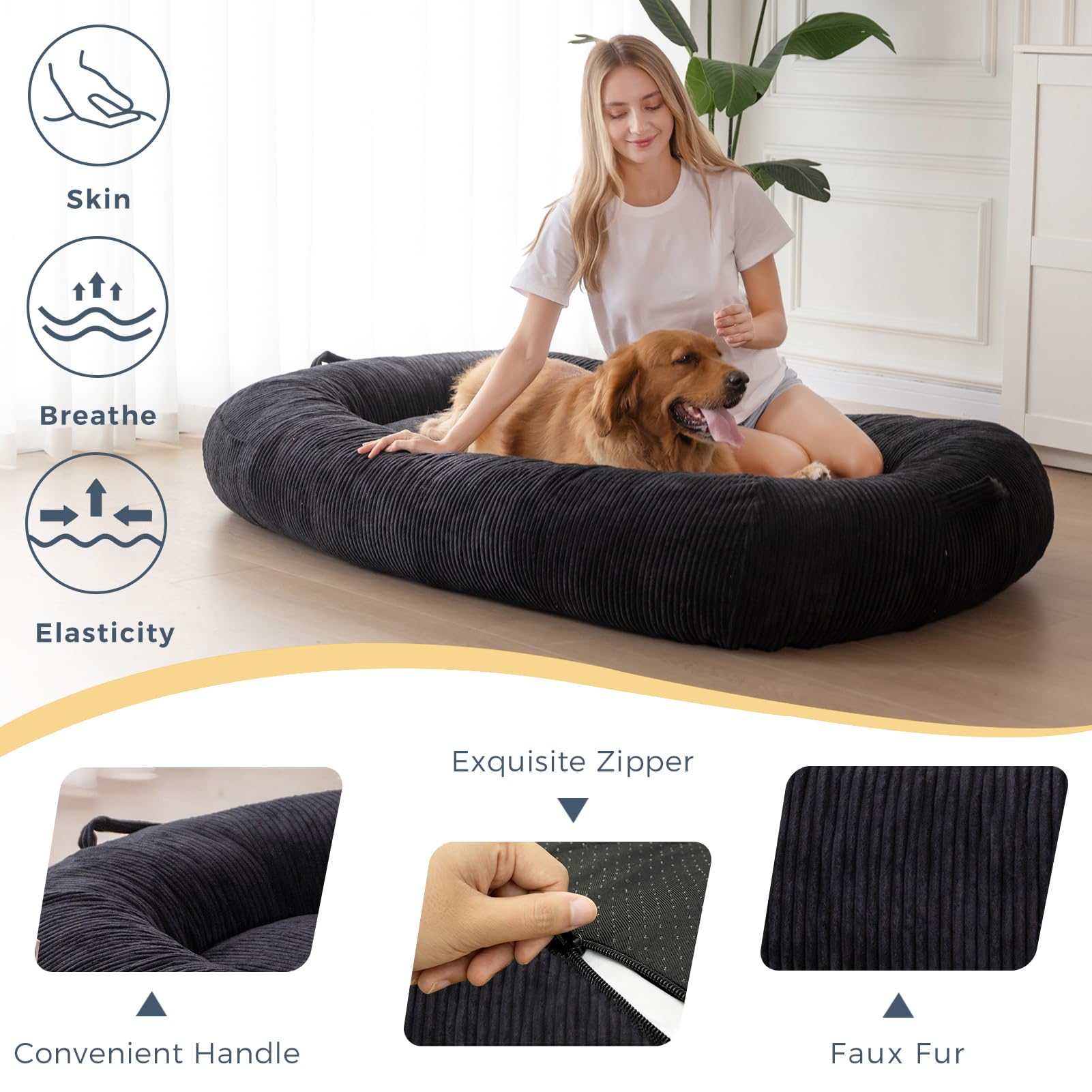 MAXYOYO Human Dog Bed, Corduroy Giant Bean Bag Dog Bed for Humans and Pets, Black