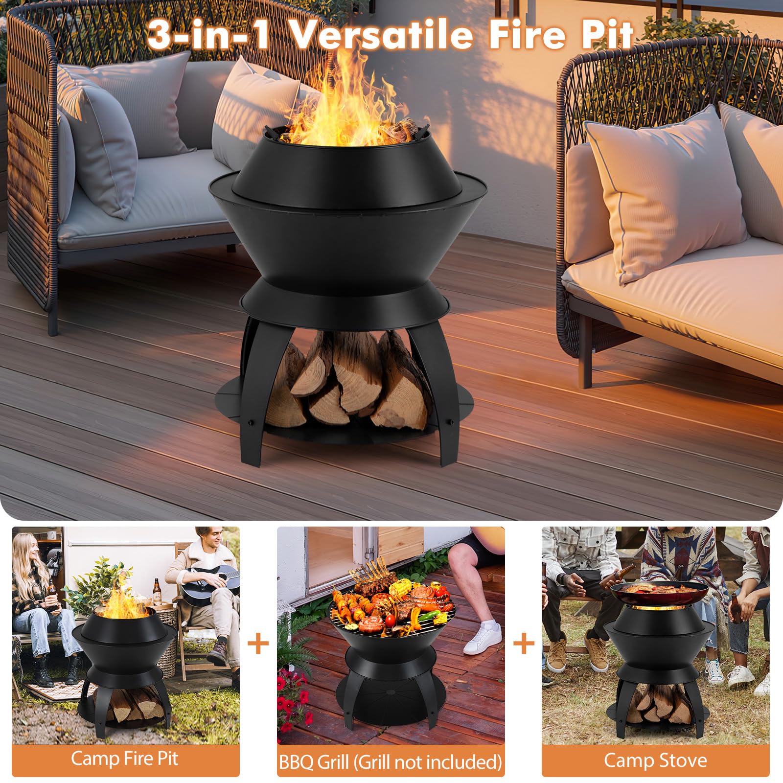 Tangkula Outdoor Fire Pit, 20 Inch Metal Fire Bowl with Pot Holder & Storage Shelf, Smokeless Oxygen-Enriched Burning