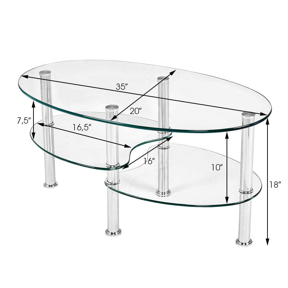 Glass Coffee Table, 2-Tier Modern Oval Smooth Glass Tea Table End Table