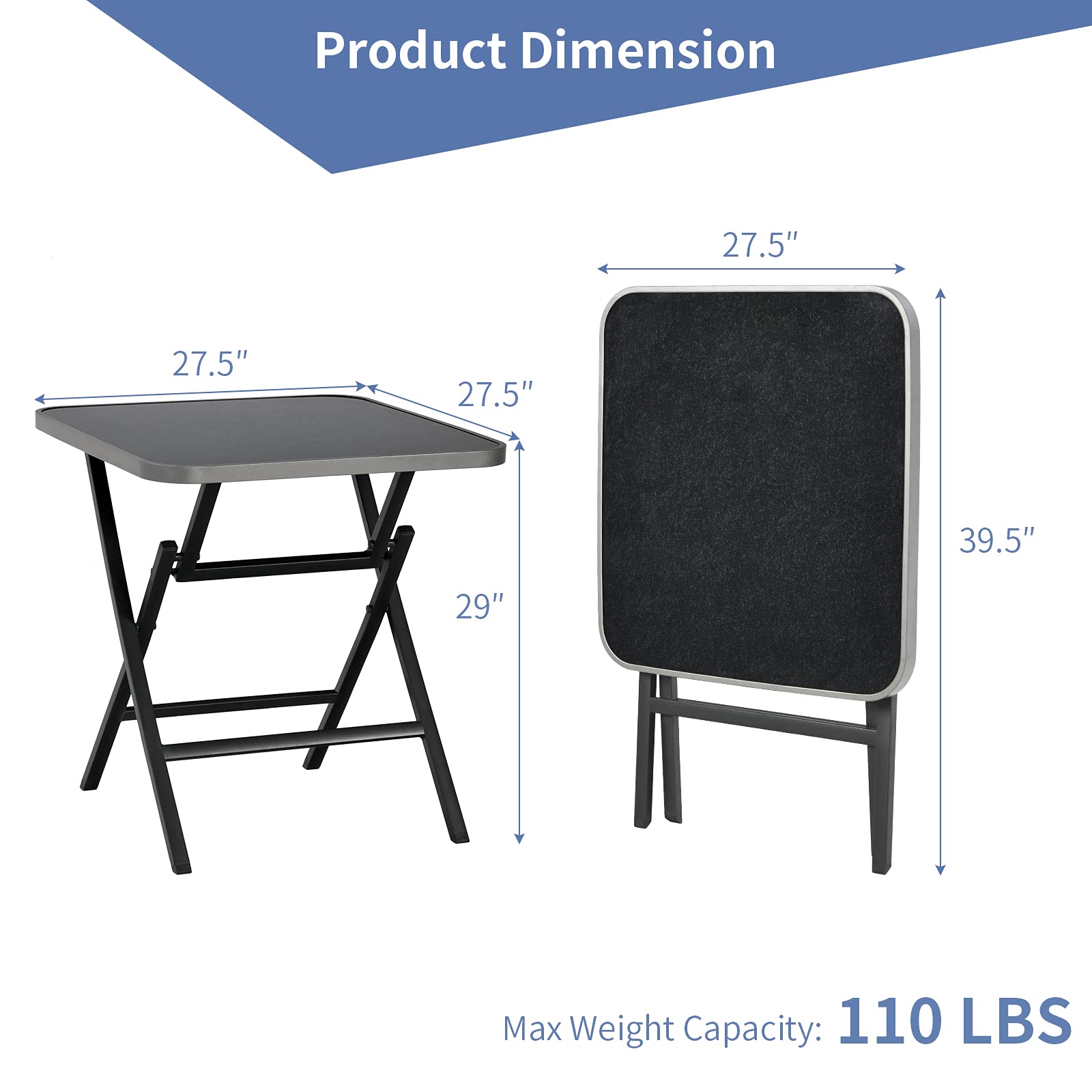 Patio Folding Square Dining Table, 27.5" Rustproof Aluminum Coffee Table w/Tempered Glass Tabletop