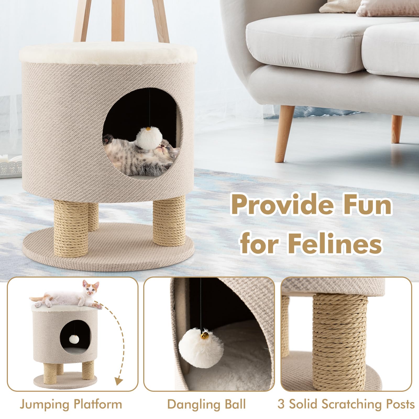 Tangkula Cat Condo Stool for Indoor Cats, Pet House Ottoman & Kitty Bed with Scratching Posts & Plush Ball Toy