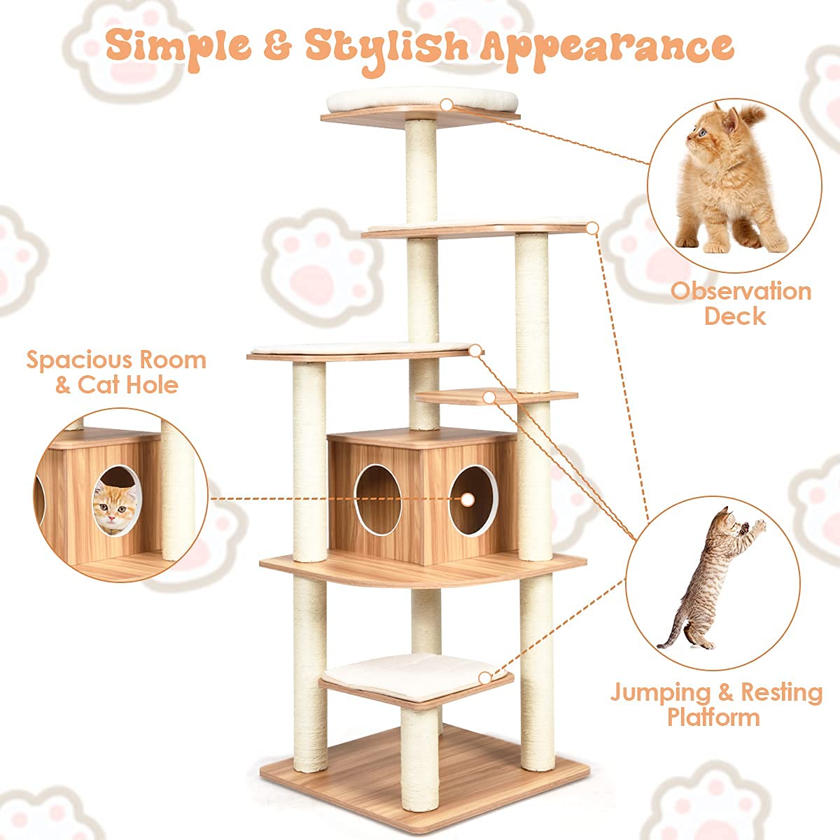 Tangkula Modern Wood Cat Tree, 69-Inch Cat Tower with Multi-Layer Platform, Cat Activity Tree with Sisal Rope Scratching Posts