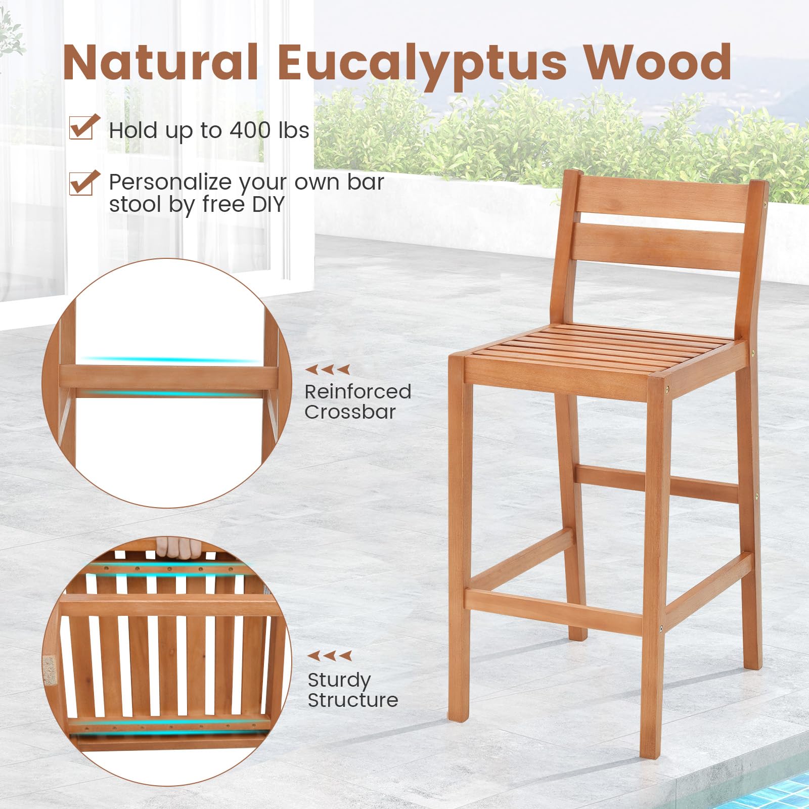 Tangkula 3 Pieces Patio Eucalyptus Wood Bar Set, Outdoor Bar Height Table and Chairs Set with Cushions