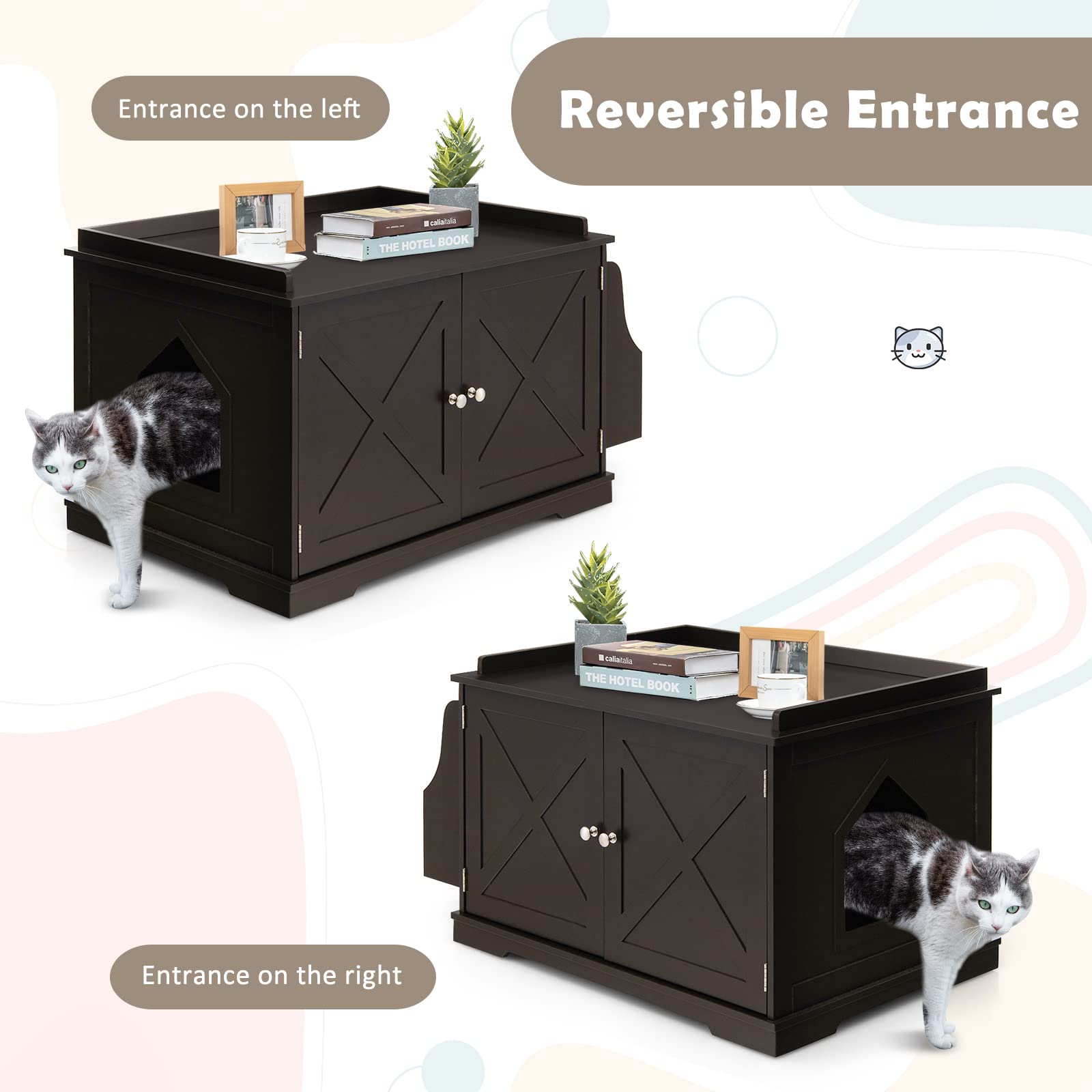 Tangkula Cat Litter Box Enclosure, Wooden Cat House Side Table w/Removable Divider