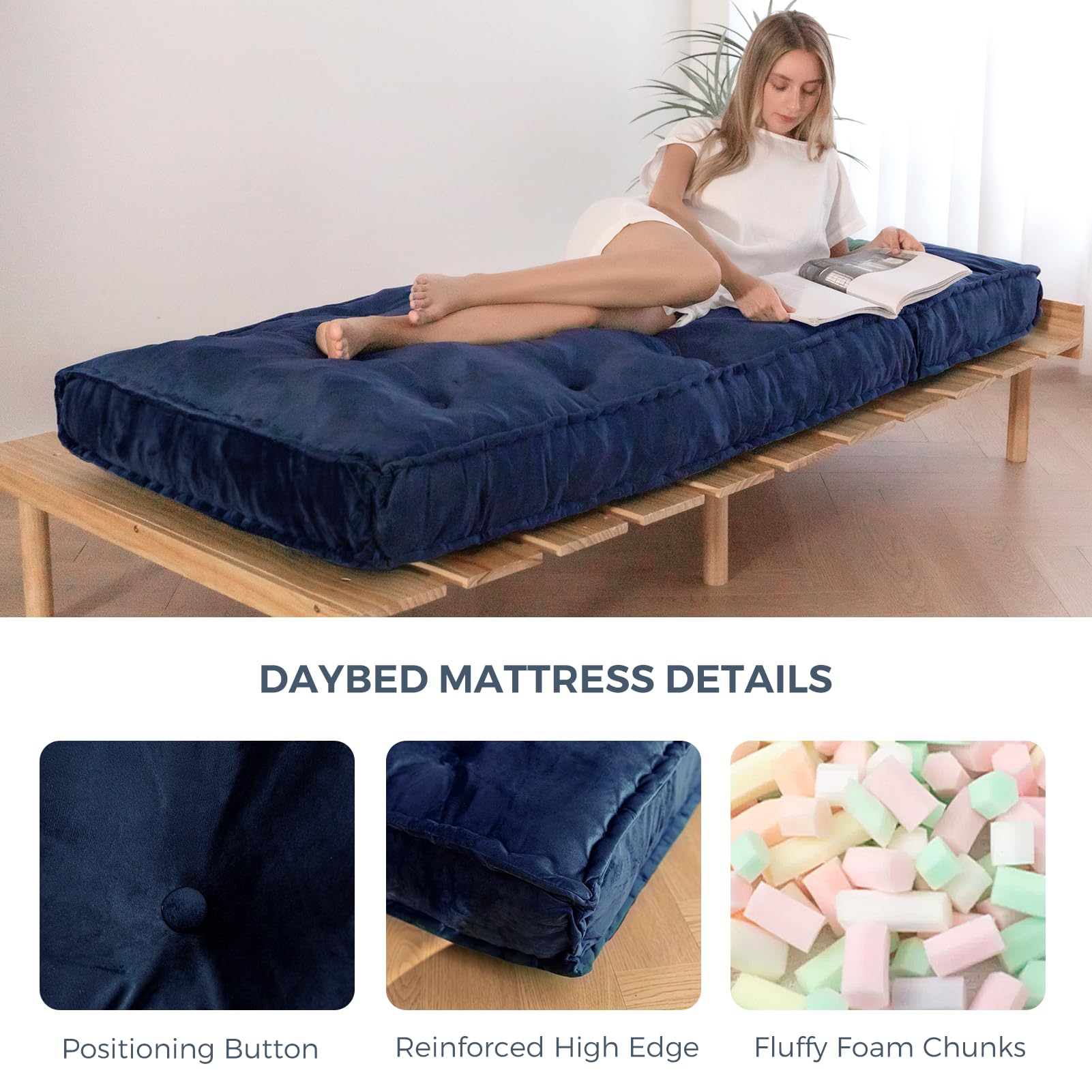 MAXYOYO 75" x 30" Daybed Futon Mattress, Velvet Cot Size Window Seat Cushion,Navy